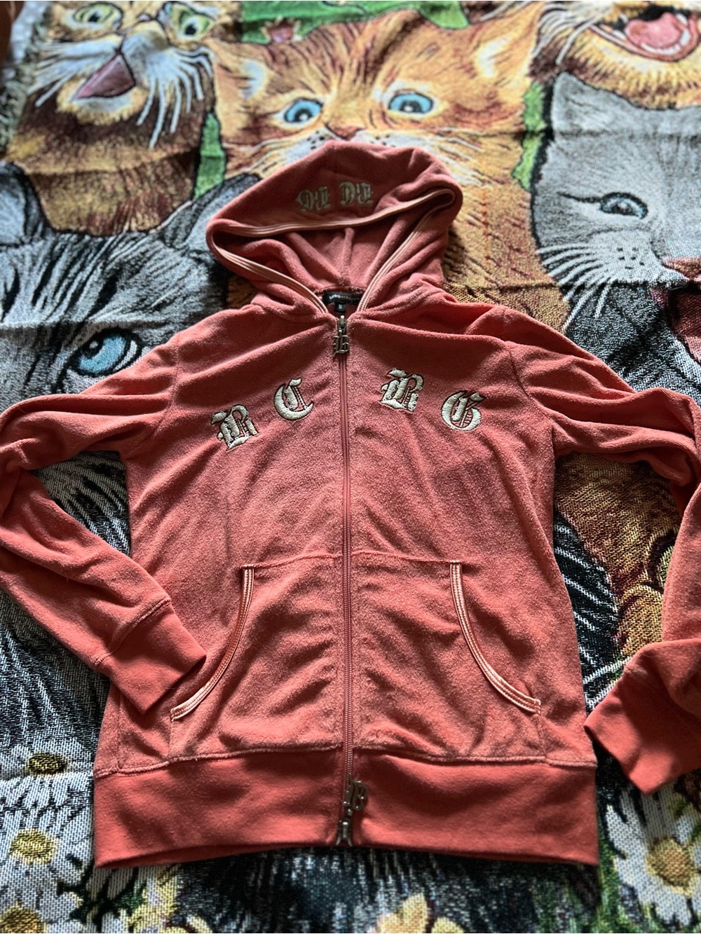 Women’s Vintage Hooded Zip Sweatshirt Jacket - Coral Pink